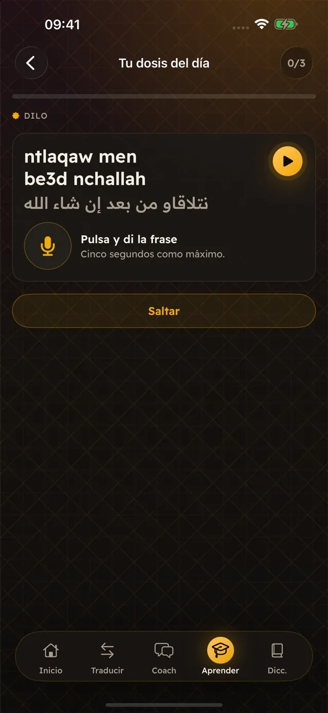 Tu dosis del día en Darija Pro, ejercicio Dilo: la frase ntlaqaw men be3d nchallah con el botón del micrófono