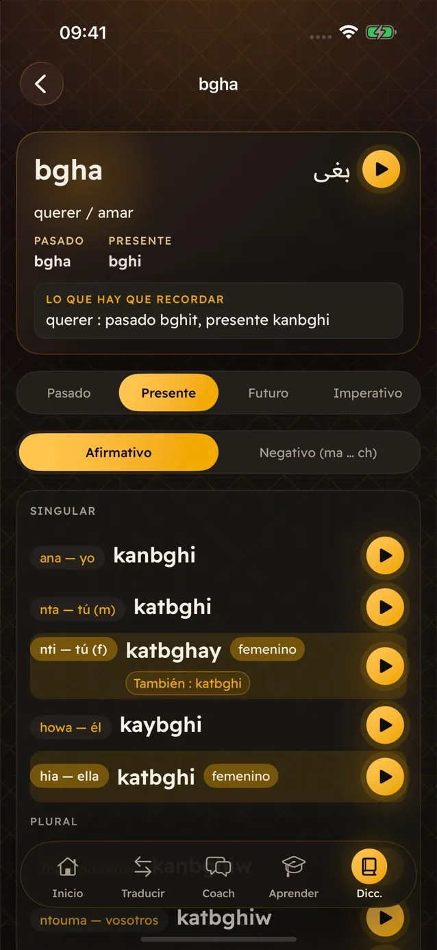 El conjugador de Darija Pro: el verbo bgha en presente, kanbghi, katbghi, katbghay en femenino, cada forma con su botón de reproducción