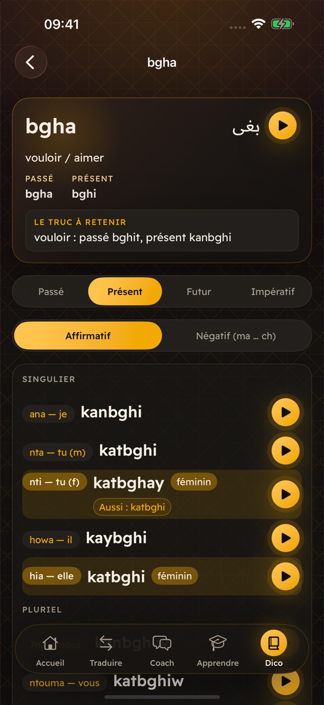 Table de conjugaison de bgha au présent dans Darija Pro, avec les formes féminines marquées et un bouton de lecture par forme