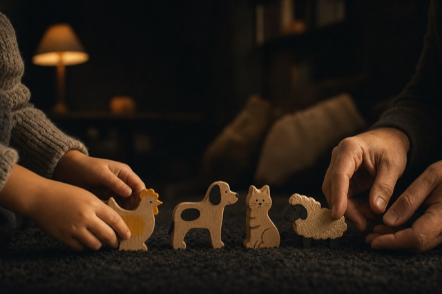 A child's hands and an adult's hands line up wooden animals, a hen, a dog, a cat and a sheep, on a dark rug
