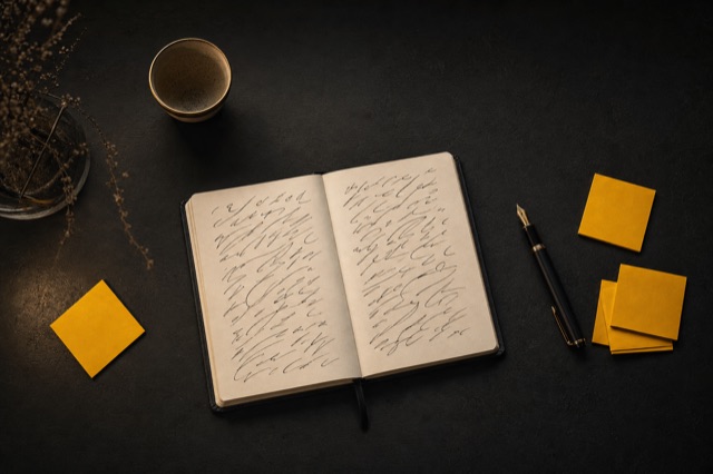 An open notebook with illegible pen strokes, a fountain pen and yellow sticky notes on a dark desk