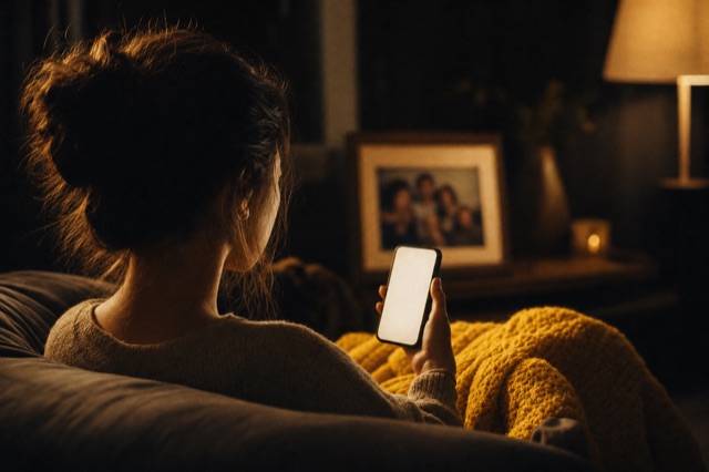 A woman seen from behind on a sofa, phone in hand, a yellow blanket and a blurred family photo in the background