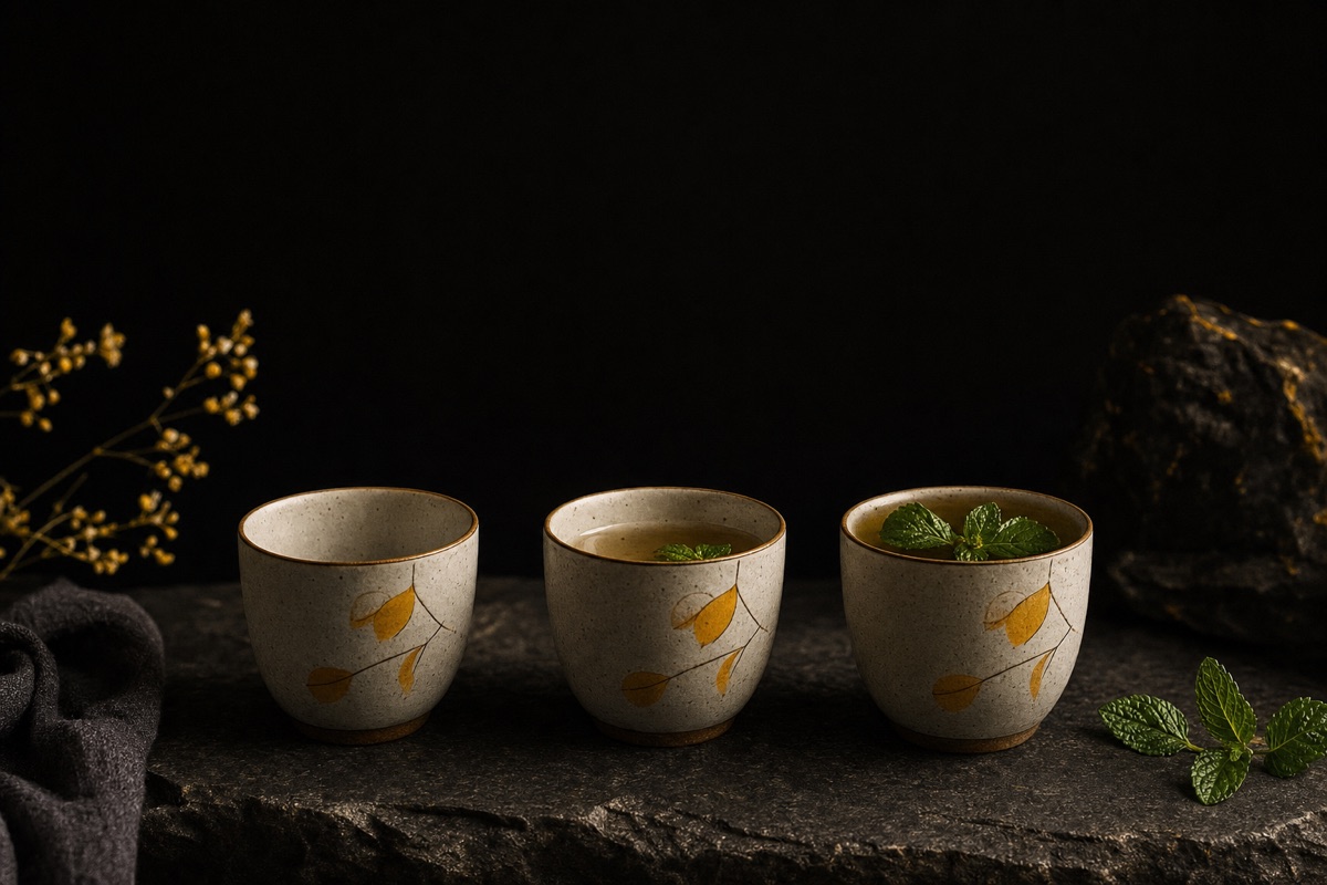 Three ceramic cups on a dark stone: one empty, one half full, one full of mint tea