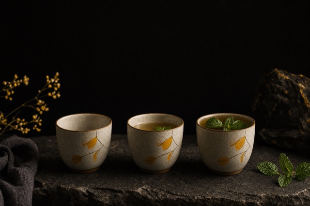 Three ceramic cups on a dark stone: one empty, one half full, one full of mint tea