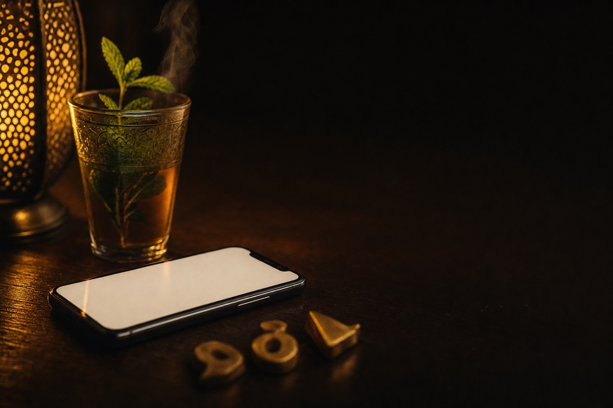 A phone next to a glass of mint tea, with three small brass tokens, under a lamp