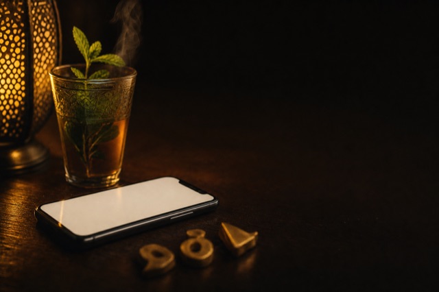 A phone next to a glass of mint tea, with three small brass tokens, under a lamp