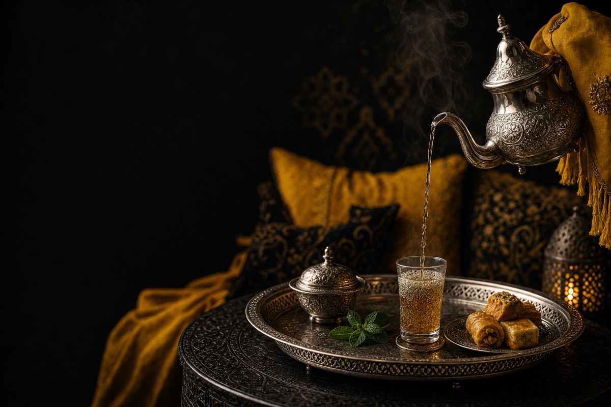 A Moroccan silver teapot pours mint tea into a glass on a tray, yellow cushions in the background